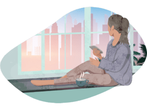 William Russell brand illustration showing a single adult female sitting by the window
